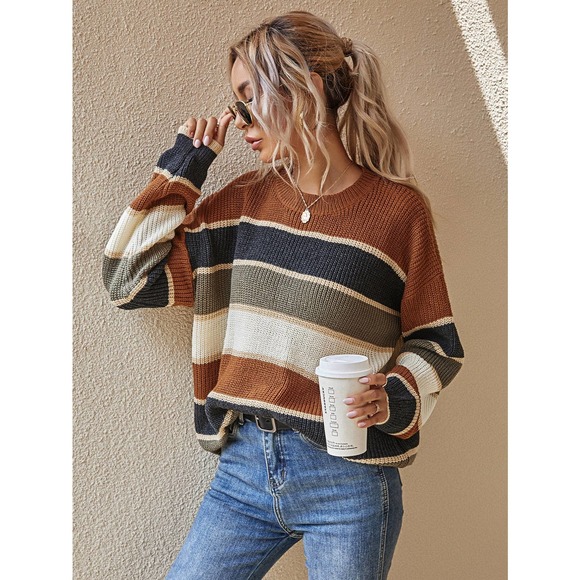 . Sweaters - Striped stripe soft knit Oversized Sweater fall tan gray green cream tan